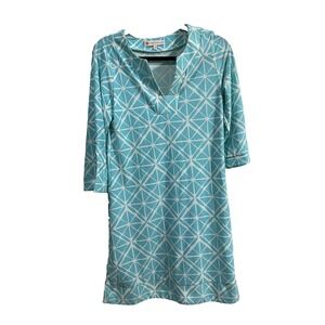 Jude Connally Womans Tunic Dress Geometric Lt Blue V-Neck 3/4 Sleeve W Slit SZ M